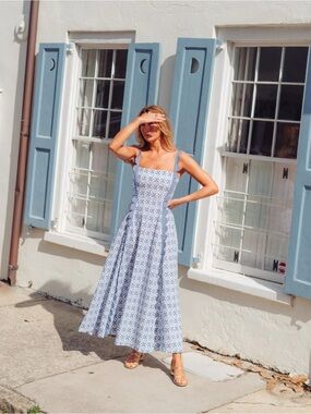Wiggy Kit Apron Dress Cross Stitch Blue White Midi Resort Luxury UK Designer
